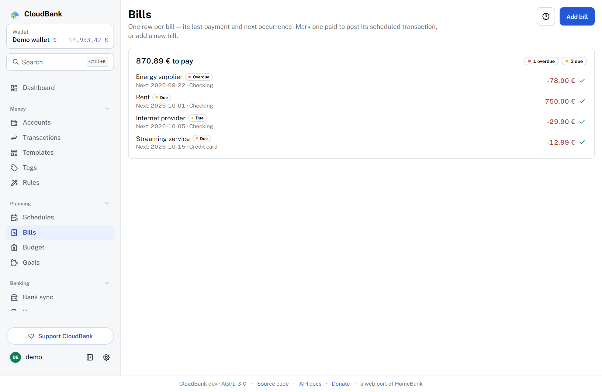 CloudBank bills page listing one overdue and three due bills with the total to pay