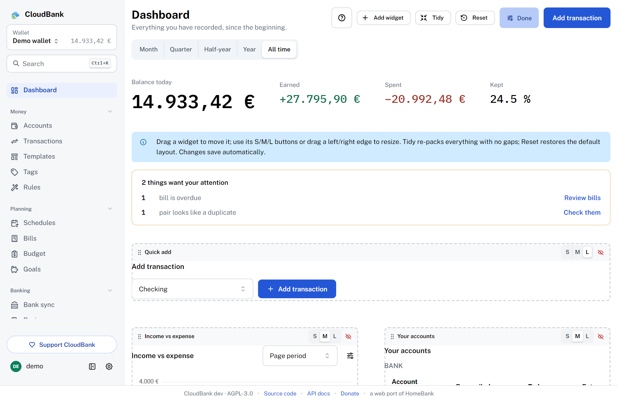 Customizing the CloudBank dashboard by placing and resizing widgets on a grid