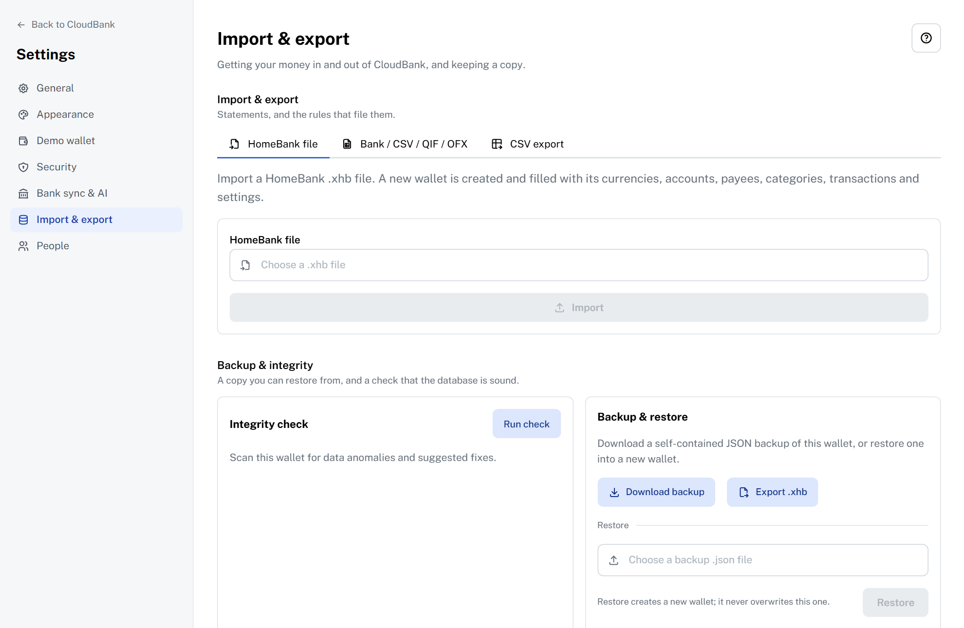 CloudBank import and export settings with HomeBank file import, backup and restore