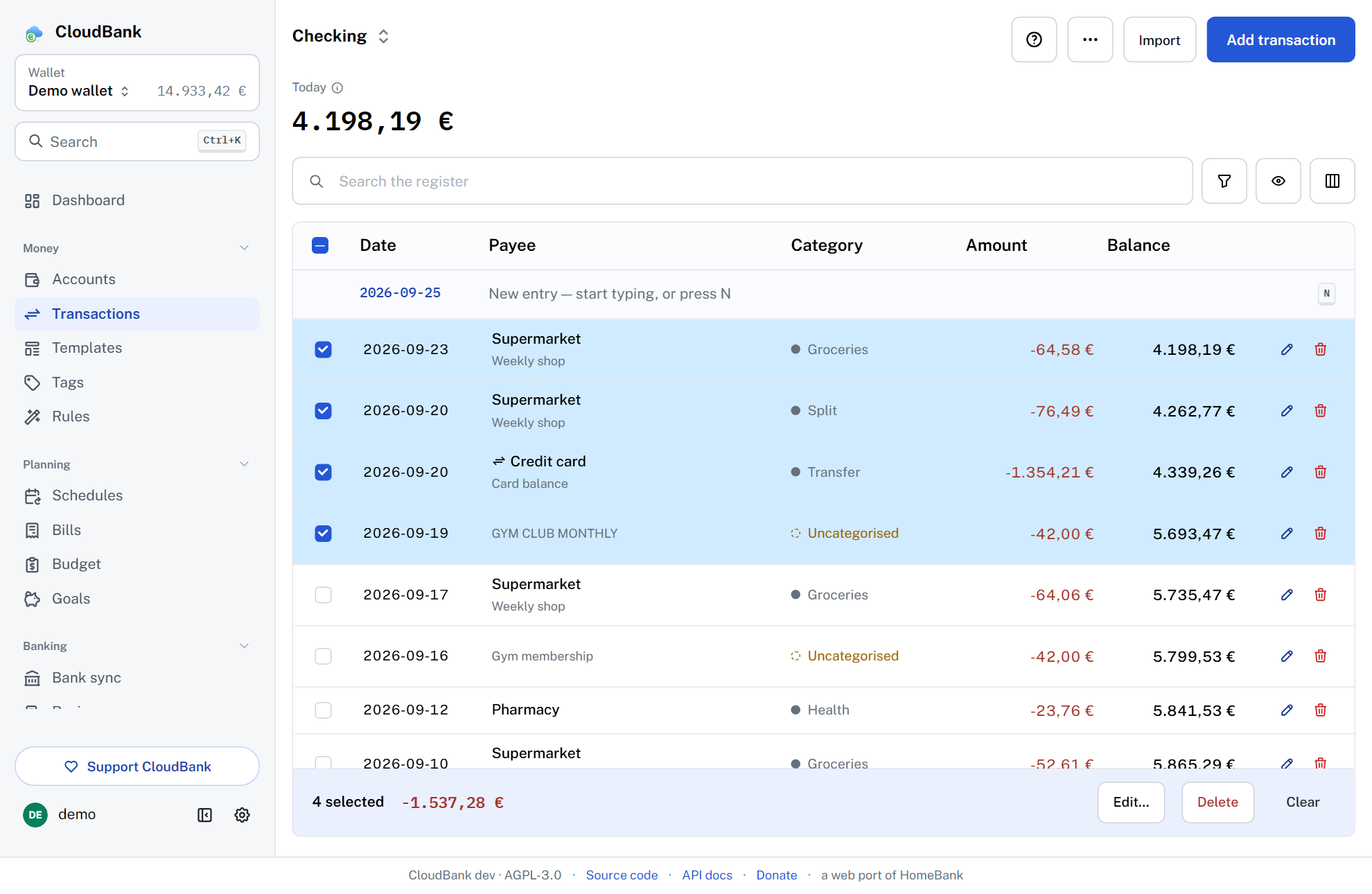 CloudBank register with four transactions selected, their total, and edit and delete actions for the selection
