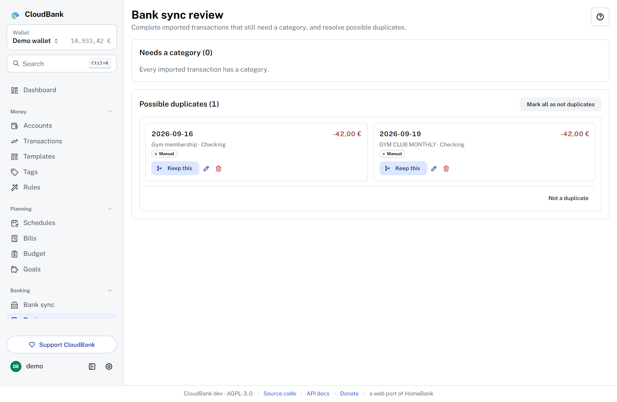 CloudBank bank sync review showing a possible duplicate pair of transactions side by side