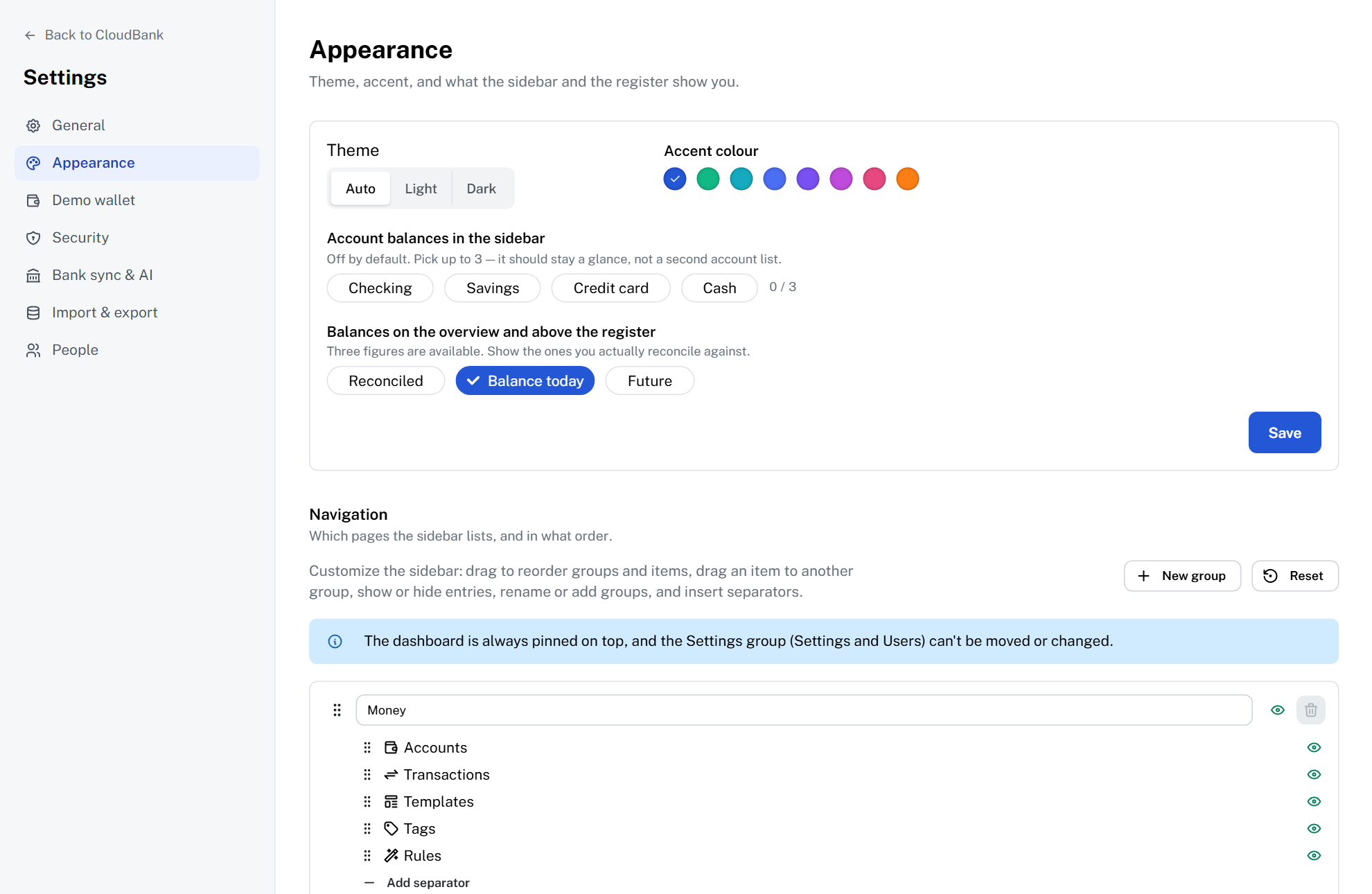 CloudBank appearance settings with theme, accent colour, sidebar balances and navigation