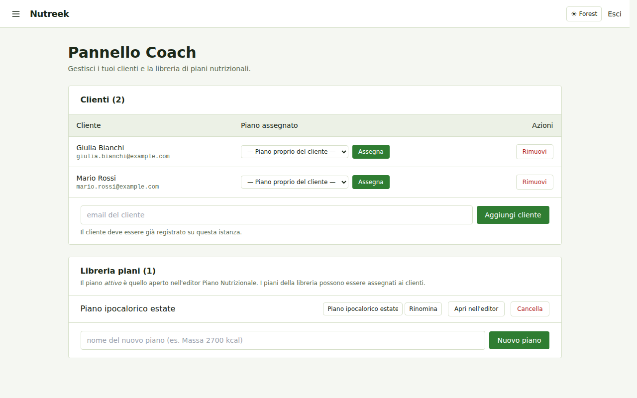 Nutreek coach panel: client management, plan assignment and a reusable plan library