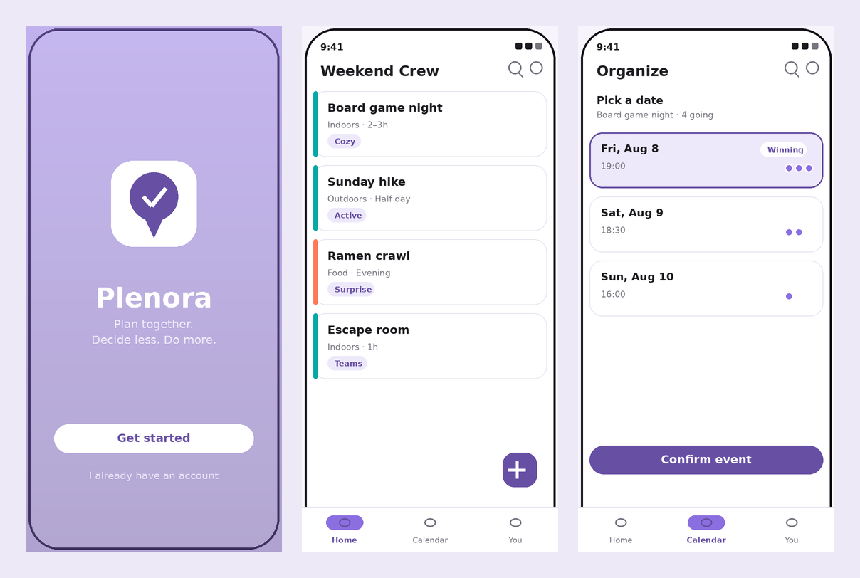 Planora: onboarding, the shared activity backlog and the Organize date-voting screen